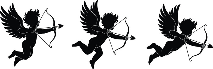 Cupid angel silhouettes set, flying cherub archer with bow and arrow, romantic love symbol, black vector illustration isolated white background