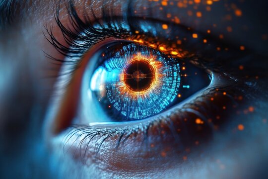 close-up of a human eye with a glowing blue digital iris and orange cybernetic data rings, intense futuristic gaze and reflective circuitry details - Powered by Adobe