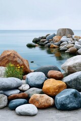 Smooth pebbles and rocks along tranquil coastline