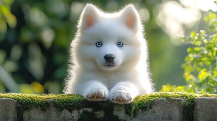 fluffy white puppy with bright blue eyes resting its paws on a mossy stone ledge in a sunlit green garden, looking curious and innocent
