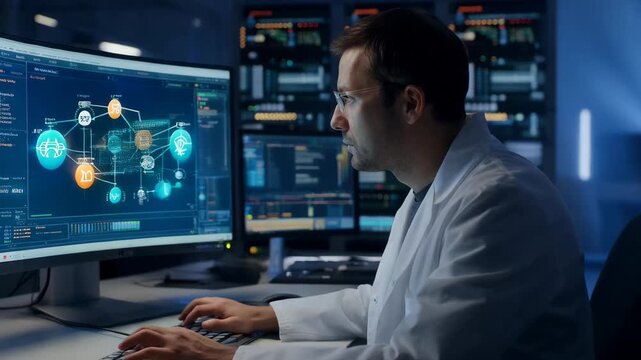 Scientist Works on Computer in Laboratory at Night Analyzing Data and Conducting Research on a Complex Project