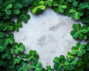 Lush green clover leaves forming a natural frame around a weathered stone background, creating a serene and fresh botanical scene with calm, peaceful mood