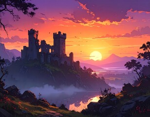 Ruined castle on a hilltop silhouetted by a vibrant sunset sky