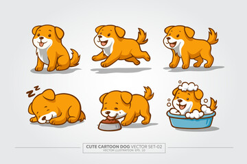 Set of Cute Cartoon Puppy Poses, sitting, running, eating, bathing, and sleeping pose vector illustration image.