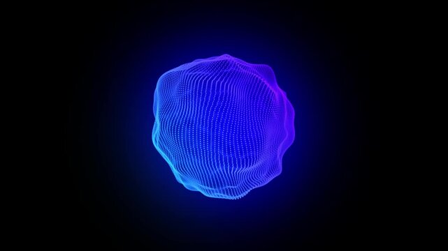 blue purple abstract 3d sphere of glowing particles and energy waves motion. Light blue liquid particles forming a futuristic sphere and magic energy orb. Science, future technology concept