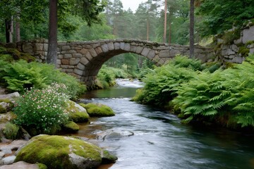 Stone arch bridge spanning river in lush forest
