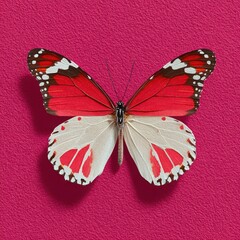 A butterfly with red and white wings against a textured crimson background