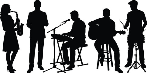 Jazz music band silhouettes with saxophone singer keyboard guitarist drummer performing live concert isolated white background illustration vector