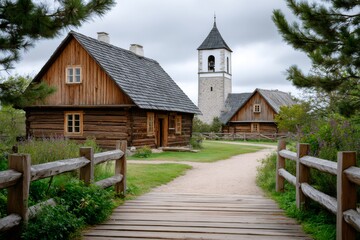 Rustic wooden village homes and stone church tower