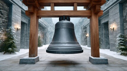 Obraz premium Ancient temple bell hanging in winter mountain landscape