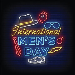 international men's day neon signboard with brick wall background vector