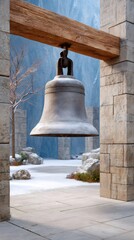 Ancient temple bell hanging, winter zen meditation scene
