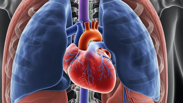 Medical animation of human heart and lungs within the thoracic cavity