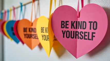 Be kind to yourself positive message on colorful paper hearts
