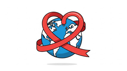 Globe wrapped in red ribbon heart symbolizing love and care for the earth, environmental awareness illustration