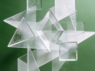 transparent geometric forms interacting with light on a green background