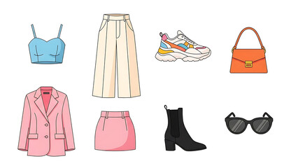 Naklejka premium A flat lay of trendy women's fashion items including a blue crop top, beige wide-leg pants, pink blazer, pink skirt, white sneakers, black boots, an orange handbag, and sunglasses.