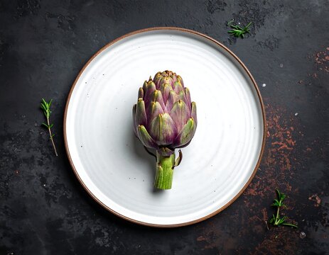 Overhead shot of artichoke resting on a white plate, dark background