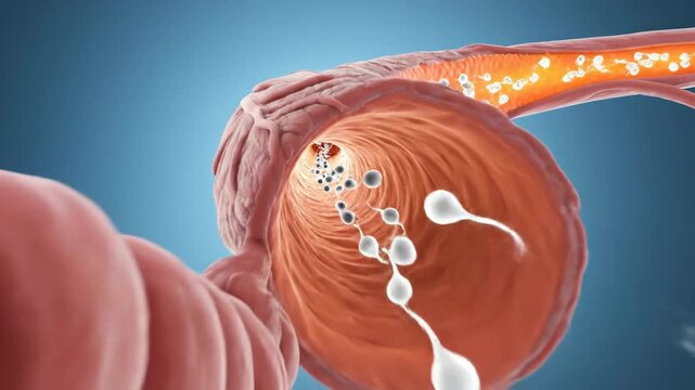 Microscopic view of sperm traveling through the male reproductive tract.