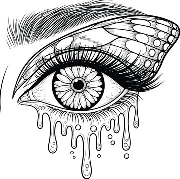 Surreal Crying Eye with Butterfly Wing Eyelid and a Daisy Flower Iris Line Art.