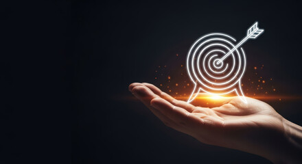 Goal Setting Target on Hand Bright Glowing Dartboard with Arrow Corporate Aiming Conceptual Business Vision and Mission Focus