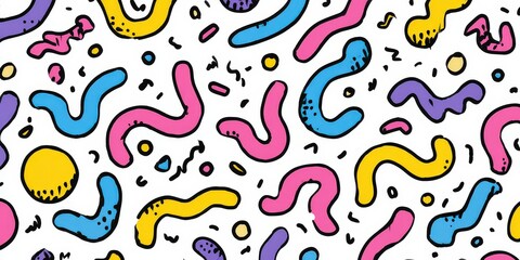 Abstract Colorful Worms on White Background with Yellow Blue Purple and Pink in Pixel Art Style, Seamless Pattern with Shapes and Lines