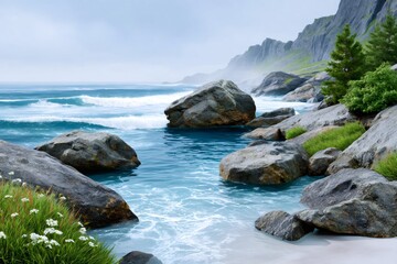 Rocky coast with crashing ocean waves and green mountains