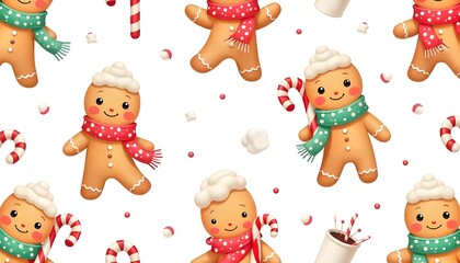 Kawaii Gingerbread Men Seamless Pattern &ndash; Pastel Candy Canes & Hot Chocolate on White
