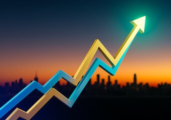 Two colorful arrows rising upwards on cityscape background at sunset