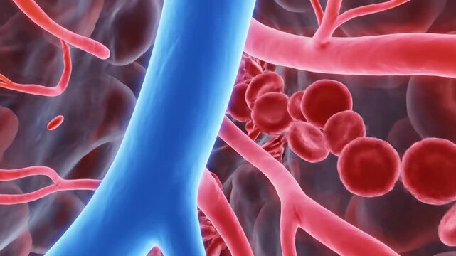 Microscopic view of a hepatic lobule with zooming camera and blood cells