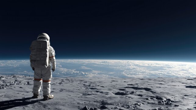 `A lone astronaut stands on the moon with planet Earth in the distance, a powerful concept of growth and exploring new horizons in business and career development.` - Powered by Adobe