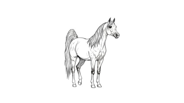 Black and White Arabian Horse Illustration &ndash; Detailed Line Art, Isolated