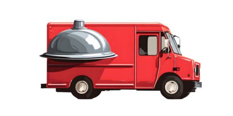 Red food truck with large silver dome isolated on white background