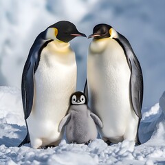 Little Penguin Chick With Loving Parents High Resolution Picture