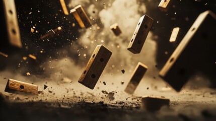 Flying dominoes toppled mid explosion surrounded by dust and debris frozen motion cinematic lighting dramatic impact hyperrealistic detail