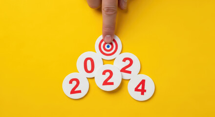 Goal Target Planning Concept Finger Presses Round Target Placed on Top Blocks 2024 Strategy Aim Success Achievement Vision Background