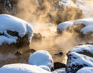 Steaming water flows through snowy rocks, lit by golden sunlight