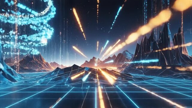 Futuristic Digital Landscape with Glowing Lines and Mountains.