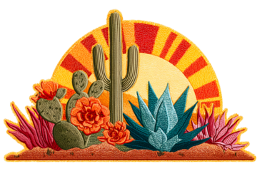 Vibrant desert sunset with cacti isolated on white background