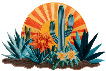 Desert sunset with cacti and flowers isolated on white background