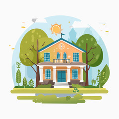 Naklejka premium Charming Yellow House Illustration Surrounded by Lush Green Trees and Blue Sky with a Bright Sun