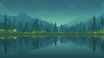 Pixelated Forest Reflection in Calm Lake at Night with Silhouetted Evergreen Trees and Mountain Range in Dark Teal Hues under Starry Sky