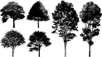 Silhouette Variety of Trees on a White Background Black and White Composition Different Shapes and Sizes Dense Foliage Natural Elements Woodland Setting