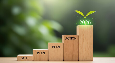 Goals Steps Progress Ladder Wooden Blocks 2026 Year Planning Success Achievement Business Target Milestones Development Growth Strategy Motivation