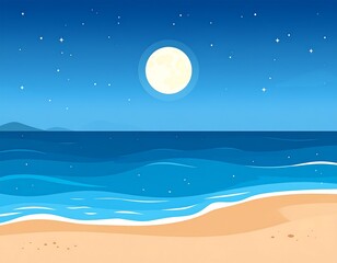 Nighttime coastal scene, large moon, stars, waves, and sandy beach