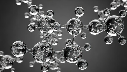 Abstract molecular structure visualization with transparent spheres and interconnected bonds