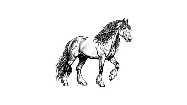 Black and White Friesian Horse Illustration &ndash; Elegant Ink Line Art