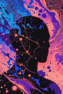 Energetic abstract mind illustration featuring a human silhouette with neural pathways