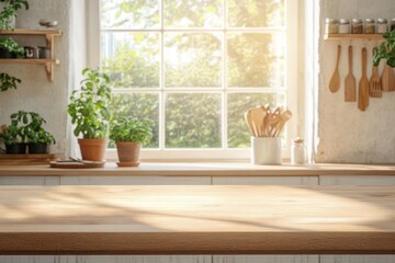 Fototapeta premium Sunlit kitchen countertop with wooden utensils, potted herbs on the windowsill and a warm cozy morning atmosphere