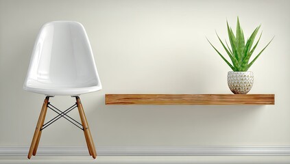 A modern, minimalist interior scene featuring a simple white chair and a potted plant on a light brown wooden shelf against a pale cream wall.